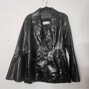Anna Gabelli Fitted Leather Jacket Coated Shiny Bell Sleeves Goth Grunge Large